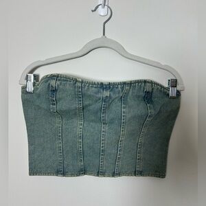 PrettyLittleThing petite vintage bleach wash bandeau denim corset top